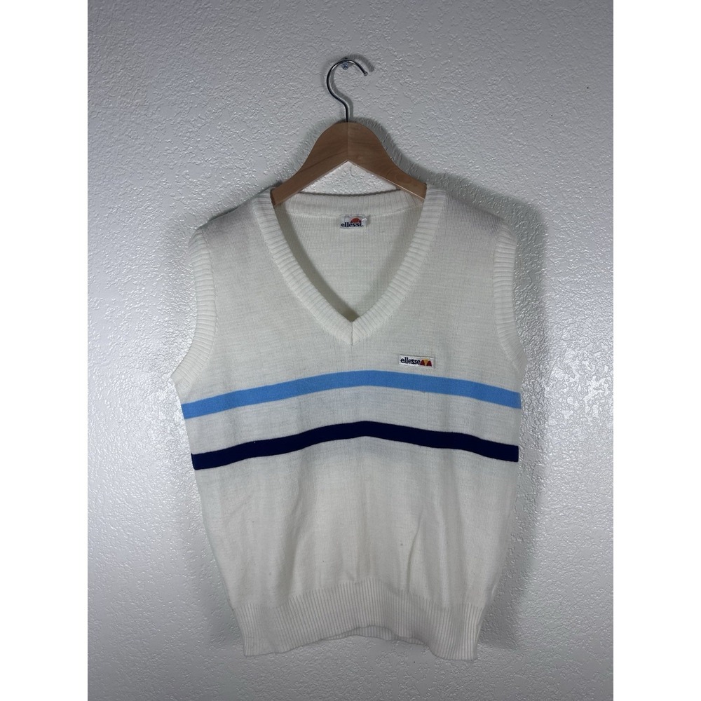 Vintage Ellesse Sweater Vest White Blue Striped Embroidered Logo V Neck